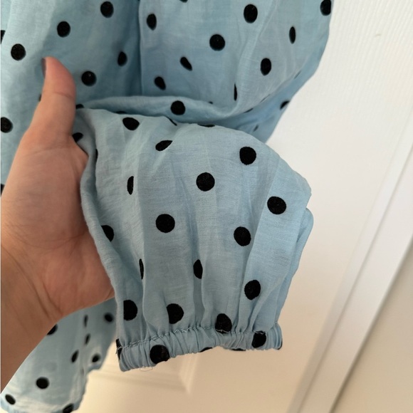 Stradivarius Light Blue Puff Sleeve Polka Dot Button Down Shirt- size S- EUC - Picture 8 of 10